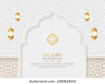 Islamic Arabic Elegant Luxury Ornamental Background with Islamic Pattern and Decorative Hanging Lantern Ornaments