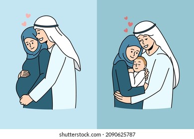 Islamic and arabic family concept. Happy young arabian family wirh pregnant wife and then with small infant newborn baby loving couple parents with child vector illustration 