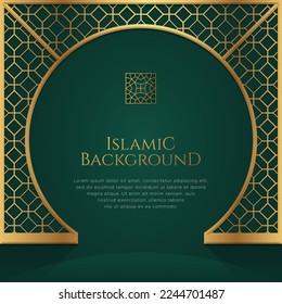 Islamic Arabic Golden Ornament Pattern Green Frame Background with Copy Space