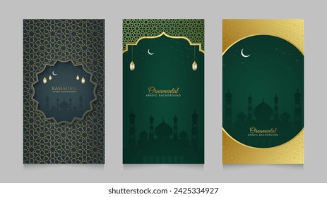 Islamic Arabic Green Realistic Social Media Stories Collection Template with Mosque for Ramadan Kareem