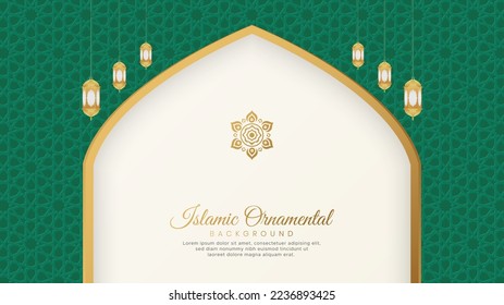 Islamisch-arabischer, grüner und weißer Hintergrund mit geometrischem Muster und schöner Ornament mit Laternen