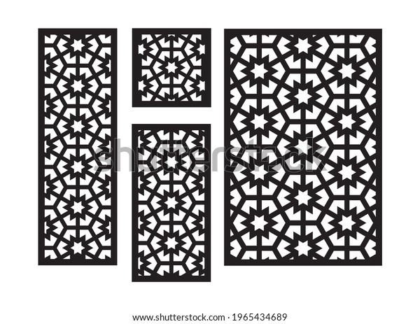 Islamic arabic laser cut pattern.
Decorative panel, screen,wall. Vector cnc panels set for laser
cutting. Template for interior partition, room divider, privacy
fence.