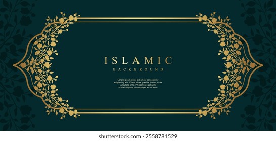 Islamic Arabic Luxury Background.  Elegant Golden Frame with decorative Floral Pattern on a green background. Vector banner template design
