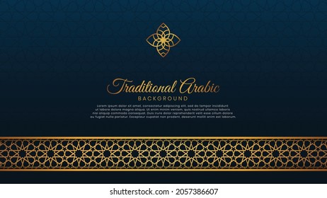 Islamic Arabic Luxury Background Greeting Card Template with Golden Pattern Ornament Brush Frame and White Space for Text Writing	