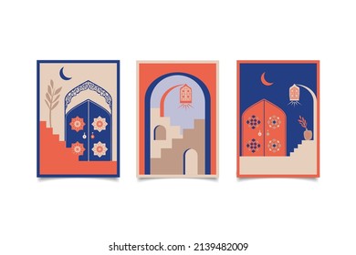 Islamic and Arabic minimalist style landscape. Moroccan scene. A Moroccan palace, doors, windows, towers and minaret. Vector illustration.