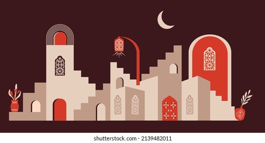 Islamic and Arabic minimalist style landscape. Moroccan scene. A Moroccan palace, doors, windows, towers and minaret. Vector illustration.
