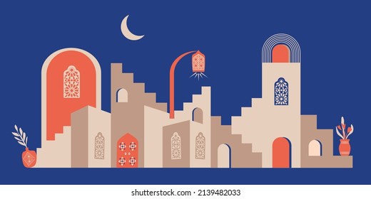 Islamic and Arabic minimalist style landscape. Moroccan scene. A Moroccan palace, doors, windows, towers and minaret. Vector illustration.