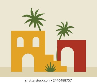  Islamic and Arabic minimalist style landscape. Moroccan architecture scene. A Moroccan palace, doors, windows and tree. Vector illustration