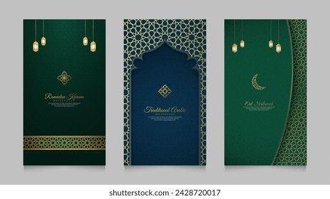 Plantilla de colección de historias de medios sociales realistas del árabe islámico para Ramadán Kareem y Eid Mubarak