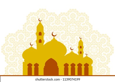 Islamic Arabic Traditional Mosque on Arabesque Ornament Background - Eid Mubarak, Greeting Ramadan Kareem - Vector Illustration Isolated