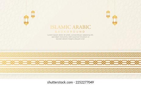 Islamic Arabic White and Golden Background with Greek Geometric Pattern Border and Brushes