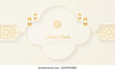 Islamic Arabic White and Golden Luxury Background with Geometric pattern and Beautiful Lanterns