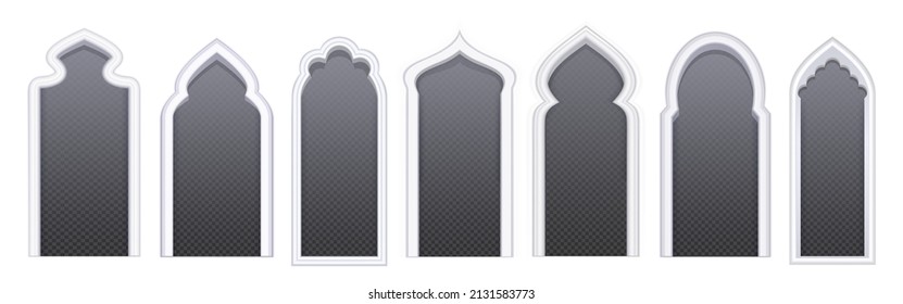 Islamic or arabic windows, doors, arched portals of oriental muslim mosque, castle or palace. Ramadan Eid frames, interior or exterior architecture arches design elements, Realistic 3d vector set