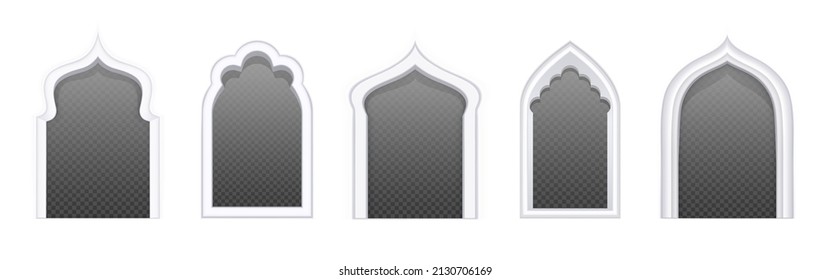 Islamic or arabic windows of mosque, castle or palace. Ramadan Eid frames, interior or exterior arches design elements. Arched portals with ornamental architecture borders, Realistic 3d vector set