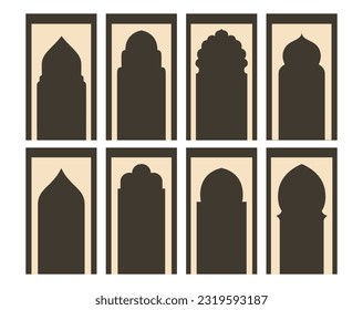 Islamic arc doors and windows, vertical stories template. Arabic silhouettes for poster, greeting cards, label design, Vector traditional portal art