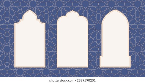 Islamic arc, window, door, frame. Ramadan kareem outline arches. Mosque, palace or castle archway frames, portal entrance, oriental doorways.