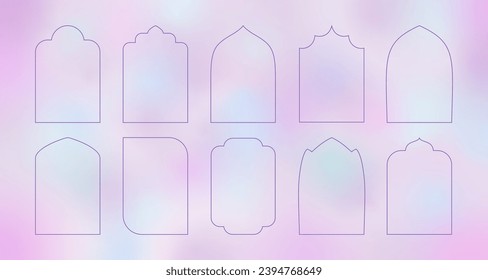 Islamic arc, window, door, frame. Ramadan kareem editable outline arches. Mosque, palace or castle archway frames, portal entrance, oriental doorways.