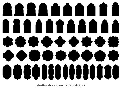 Islamic arch and arabic window silhouette illustration featuring diverse traditional mosque shapes and geometric frames, cultural architectural design and heritage project template