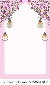 Islamic Arch Background with Hanging Arabic Lanterns for Ramadan Kareem, Eid Mubarak, and Wedding Invitation cards