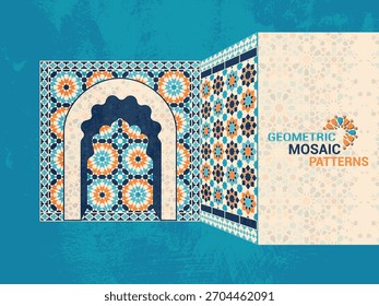 Fondo de arco islámico con patrón de azulejo de mosaico marroquí - Fondo de arquitectura islámica arabesca con textura Zellige.