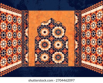 Fondo de arco islámico con patrón de azulejo de mosaico marroquí - Fondo de arquitectura islámica arabesca con textura Zellige.