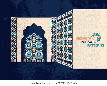 Fondo de arco islámico con patrón de azulejo de mosaico marroquí - Fondo de arquitectura islámica arabesca con textura Zellige.