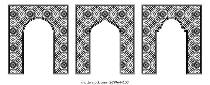 Islamic Arch Frame with Geometric Border Pattern and Mashrabiya Design, Editable and Scalable Vector EPS File for Laser Cutting Art, Decorative Panels, Gates, and Arabic Decor