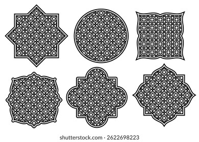 Quadro de Arco Islâmico com Padrão Geométrico Intrincado e Borda Mashrabiya, EPS Vetor Editável para Arte de Mesquita, Corte a Laser, Painéis CNC e Decoração do Oriente Médio