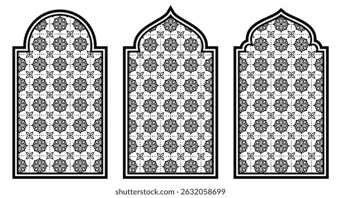 Islamic Arch Frame with Intricate Geometric Pattern and Mashrabiya Border, Editable Vector EPS for Mosque Art, Laser Cutting, CNC Panels, and Middle Eastern Decor