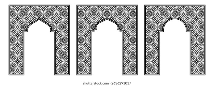 Islamic Arch Frame with Intricate Geometric Pattern and Mashrabiya Border, Editable Vector EPS for Mosque Art, Laser Cutting, CNC Panels, and Middle Eastern Decor