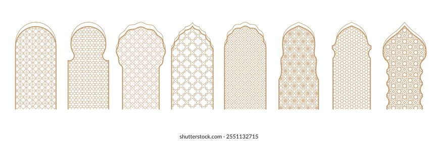 Islamic arch frame with lace arabic ornament. Ramadan gate geometric background. Vector set of  oriental elements