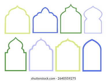 Islamic Arch Frame Outline Collection. A complete collection of decorative islamic arch frames featuring domes peaks and stepped motifs in clean line art. Perfect for posters template religious design