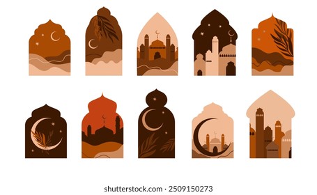 Islamischer Bogen. Ramadan kareem, eid mubarak Poster, Aufkleber oder Karte. Religiöser muslimischer Feiertag. Rahmen mit Mond, Wüste und Gebäude. Nachtlandschaft. Die arabische Moschee. Vektorgrafik-Set