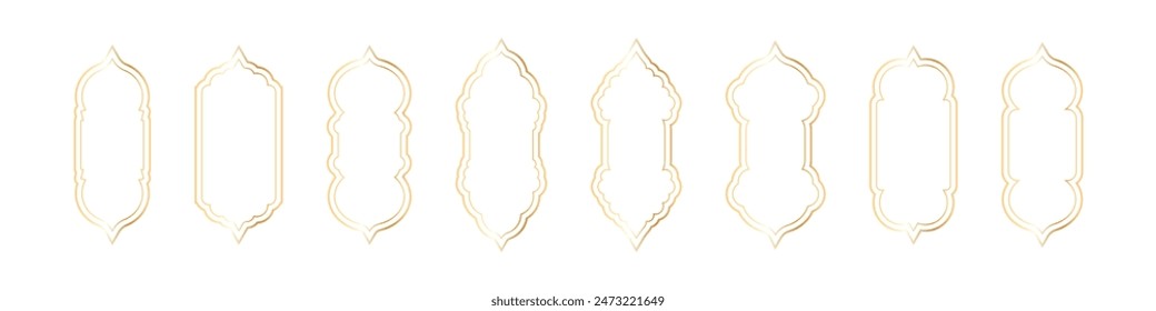 Forma de arco islámico con patrón. Diseño de marco dorado para puerta y ventana de Ramadán indio. Ilustración vectorial plana aislada sobre fondo blanco.