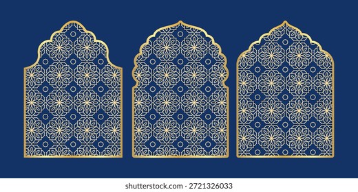 Ventana de arco islámico con patrón de adorno geométrico azul y dorado, inspirado en el arte religioso musulmán, Ilustración vectorial decorativa para Ramadán, Eid, fondo de mezquita y proyectos de diseño islámico.