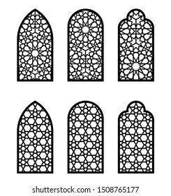 Islamic arch window or door set. Cnc pattern, laser cutting, vector template set for wall decor, hanging, stencil, engraving