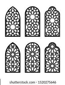 Islamic arch window or door set. Cnc pattern, laser cutting, vector template set for wall decor, hanging, stencil, engraving