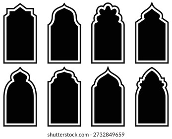 Conjunto de Formas de ventana y puerta de arco islámico, Plantillas de marco árabe arabesco, Marco árabe de la puerta de la mezquita, Ilustración vectorial Ramadan Kareem
