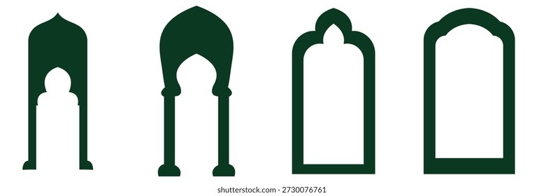 Islamic Arch Window Silhouettes Set. Minimal silhouettes of traditional Islamic arch windows, suitable for architectural design, cultural decoration, and vector graphic backgrounds.