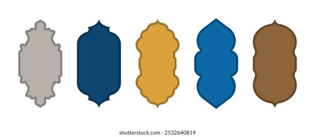 Islamic arch and window vector set in Arabian, Moroccan styles. Mosque door frames for Ramadan Kareem, Eid Mubarak. Editable shapes for social media design labels. Transparent background, flat design