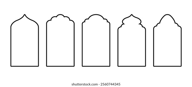 Islamic arch Windows. Indian architecture. Silhouettes of black Arabic door. Ramadan kareem frames. Traditional Vector illustration.