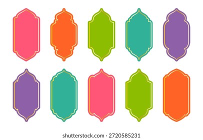 Islamic arches, windows and doors with thin gold border. Arabic Ramadan inspired architectural frames combining bright colors and elegant golden trim.
