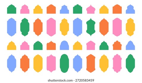 Marco arquitectónico islámico con arcos y ventanas árabes. Formas de estilo tradicional musulmán dispuestas como siluetas decorativas. Vector aislado.