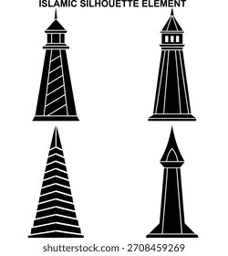 Colección de elementos de silueta arquitectónica islámica con diseños de torres y minaretes