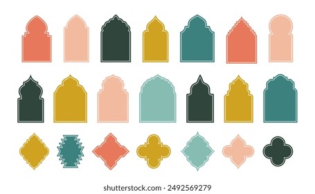 Islamic Architectural Window Frames. Aesthetic silhouettes of shapes in traditional oriental style. Muslim Doorways. Design for poster. Flat vector illustration collection isolated on white background