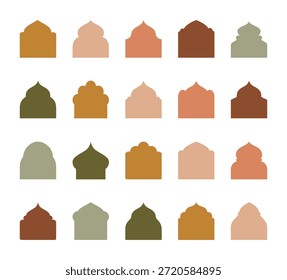 Conjunto de marco inspirado en la arquitectura islámica con ventanas, puertas y arcos árabes. Siluetas orientales tradicionales para el diseño del Ramadán. Ilustración vectorial.