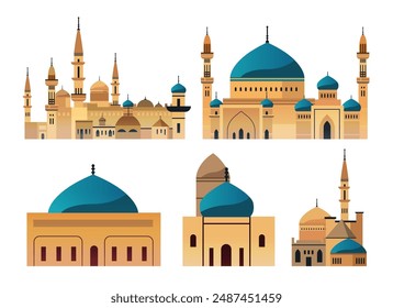 Diversos diseños de mezquitas con cúpulas detalladas y minaretes en colores cálidos perfectos para Lugares famosos de viaje, fondos o Elementos de diseño.