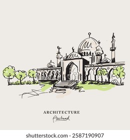 Islamic architecture mosque freehand drawing, Sketch Hand drawn Drawing design.