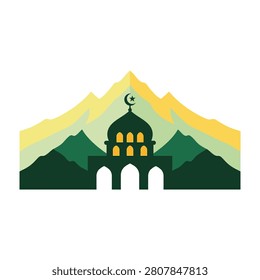 Islamic architecture with mosque and mountains in background at sunset