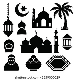 Islamic Architecture and Ramadan Elements Silhouette Set
